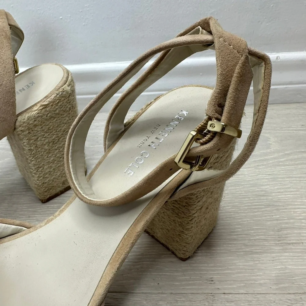 Kenneth Cole Pheonix Platform Espadrille Sandals Womens 8.5M Tan Suede Wedge
